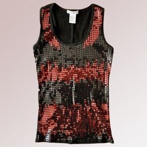 Red Black Sequin Graphic Print Stripe Tank Top